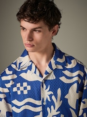 Blue Textured Printed Short Sleeve 100% Cotton Shirt - Image 1 of 7
