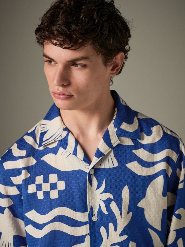 Blue Textured Printed Short Sleeve 100% Cotton Shirt - Image 1 of 7