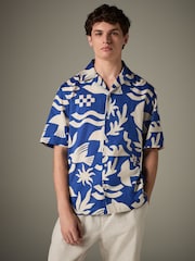 Blue Textured Printed Short Sleeve 100% Cotton Shirt - Image 2 of 7