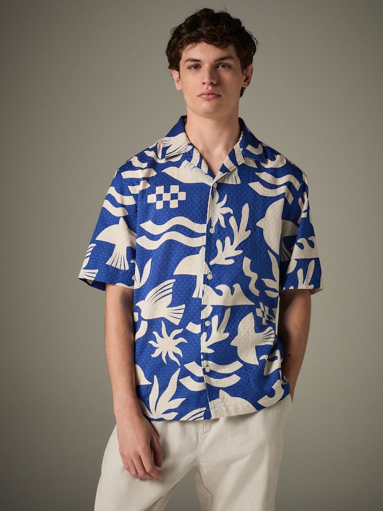 Blue Textured Printed Short Sleeve 100% Cotton Shirt - Image 2 of 7