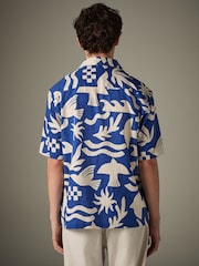 Blue Textured Printed Short Sleeve 100% Cotton Shirt - Image 3 of 7