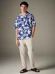 Blue Textured Printed Short Sleeve 100% Cotton Shirt - Image 4 of 7