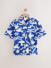 Blue Textured Printed Short Sleeve 100% Cotton Shirt - Image 5 of 7
