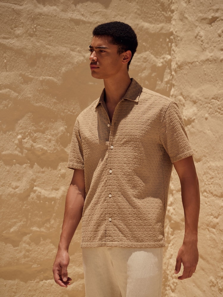 Stone Natural 100% Cotton Waffle Texture Short Sleeve Shirt - Image 1 of 8