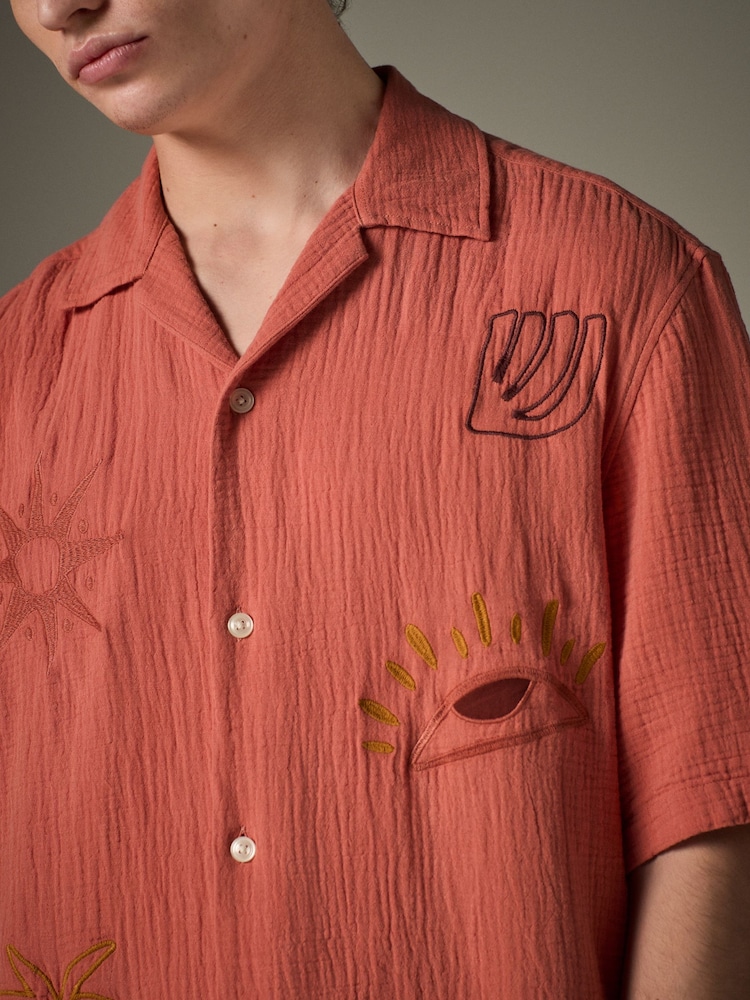 Coral Orange 100% Cotton Cheesecloth Embroidered Short Sleeve Shirt - Image 1 of 8