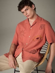 Coral Orange 100% Cotton Cheesecloth Embroidered Short Sleeve Shirt - Image 2 of 8