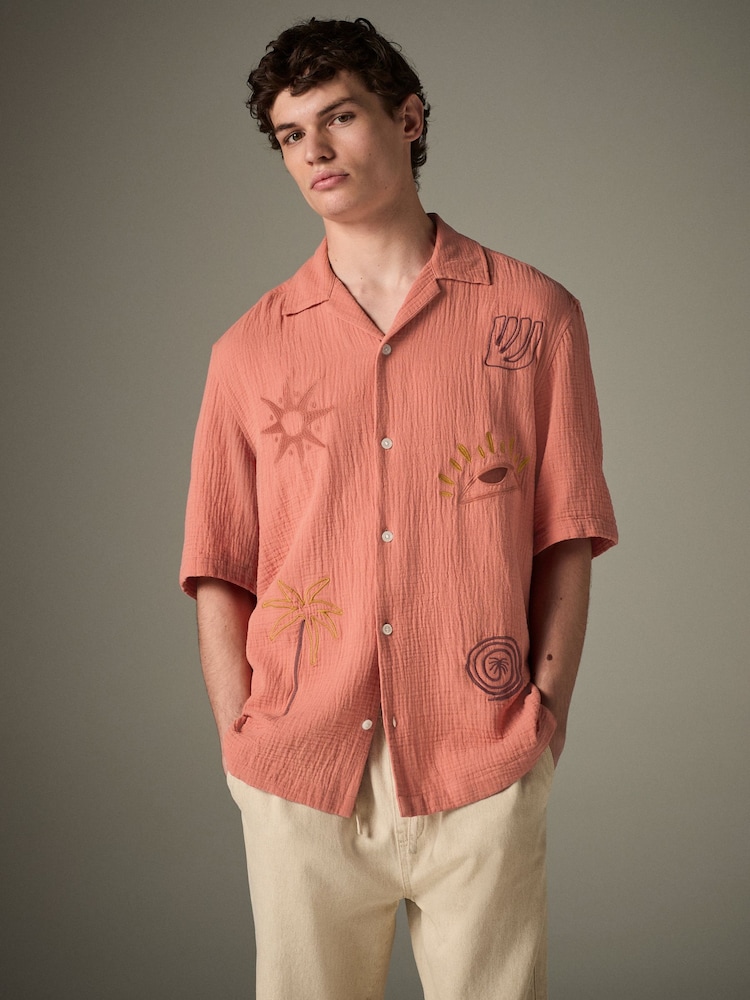Coral Orange 100% Cotton Cheesecloth Embroidered Short Sleeve Shirt - Image 3 of 8
