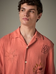 Coral Orange 100% Cotton Cheesecloth Embroidered Short Sleeve Shirt - Image 4 of 8
