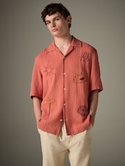 Coral Orange 100% Cotton Cheesecloth Embroidered Short Sleeve Shirt - Image 5 of 8