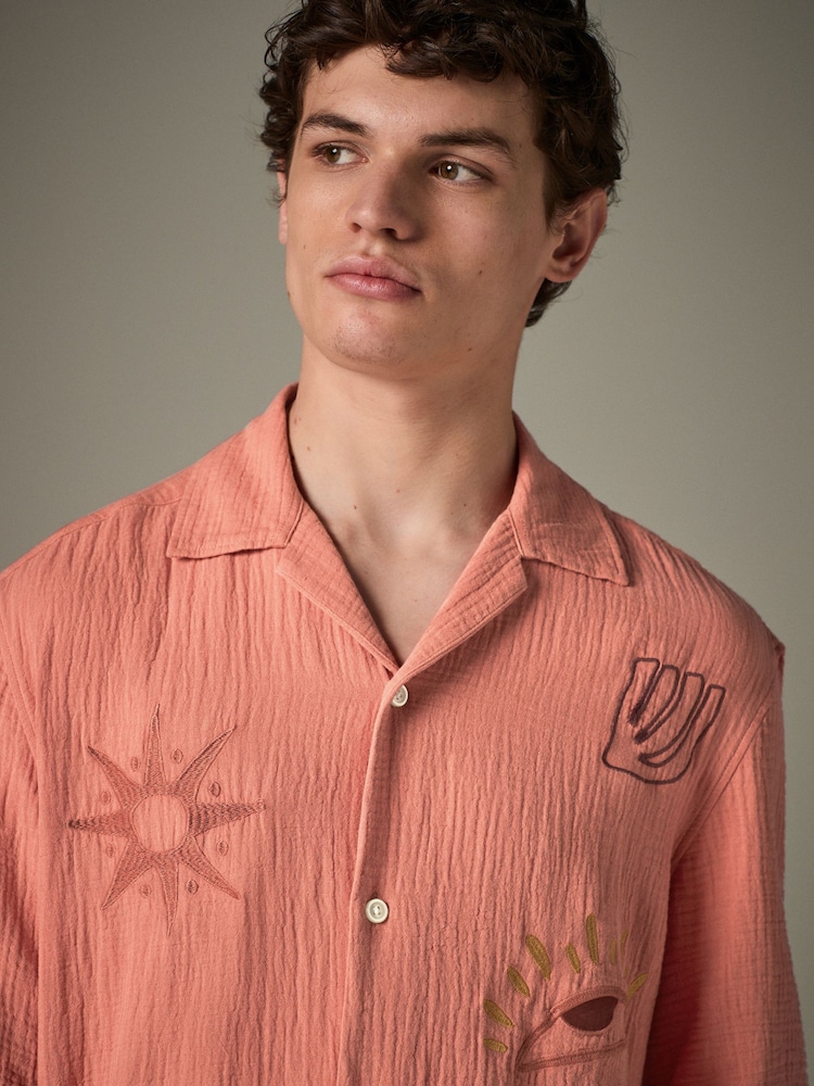 Coral Orange 100% Cotton Cheesecloth Embroidered Short Sleeve Shirt - Image 5 of 8