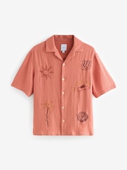 Coral Orange 100% Cotton Cheesecloth Embroidered Short Sleeve Shirt - Image 6 of 8