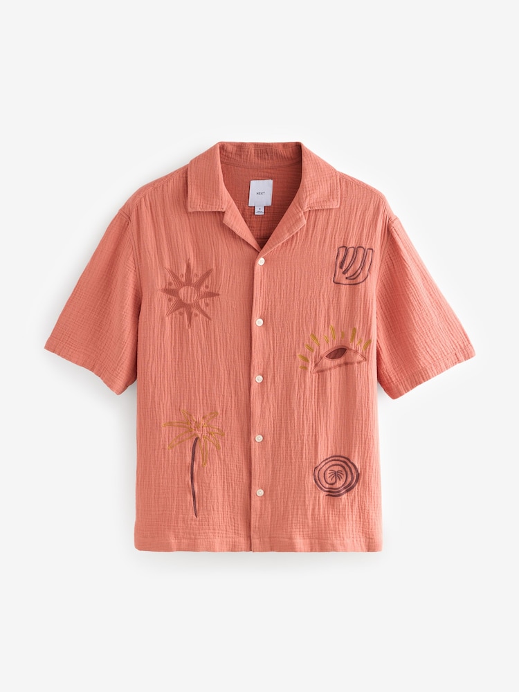 Coral Orange 100% Cotton Cheesecloth Embroidered Short Sleeve Shirt - Image 6 of 8