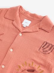 Coral Orange 100% Cotton Cheesecloth Embroidered Short Sleeve Shirt - Image 8 of 8