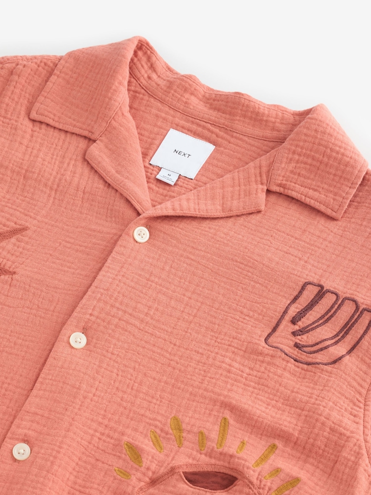 Coral Orange 100% Cotton Cheesecloth Embroidered Short Sleeve Shirt - Image 8 of 8