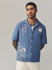 Blue 100% Cotton Cheesecloth Embroidered Short Sleeve Shirt - Image 2 of 9