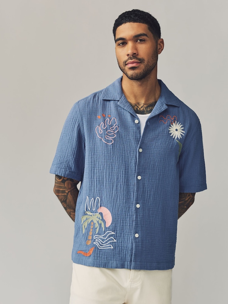 Blue 100% Cotton Cheesecloth Embroidered Short Sleeve Shirt - Image 2 of 9