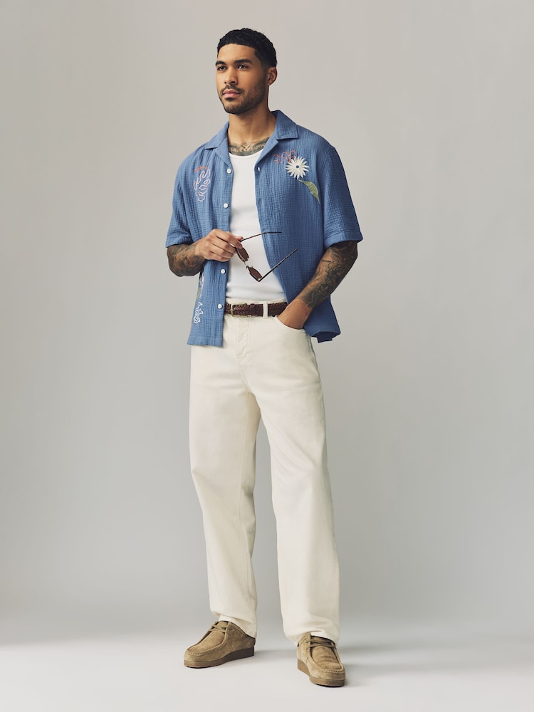 Blue 100% Cotton Cheesecloth Embroidered Short Sleeve Shirt - Image 3 of 9