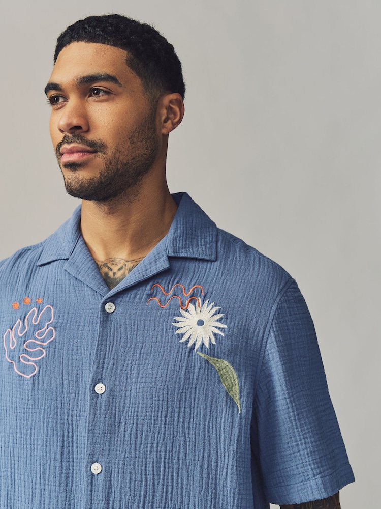 Blue 100% Cotton Cheesecloth Embroidered Short Sleeve Shirt - Image 5 of 9