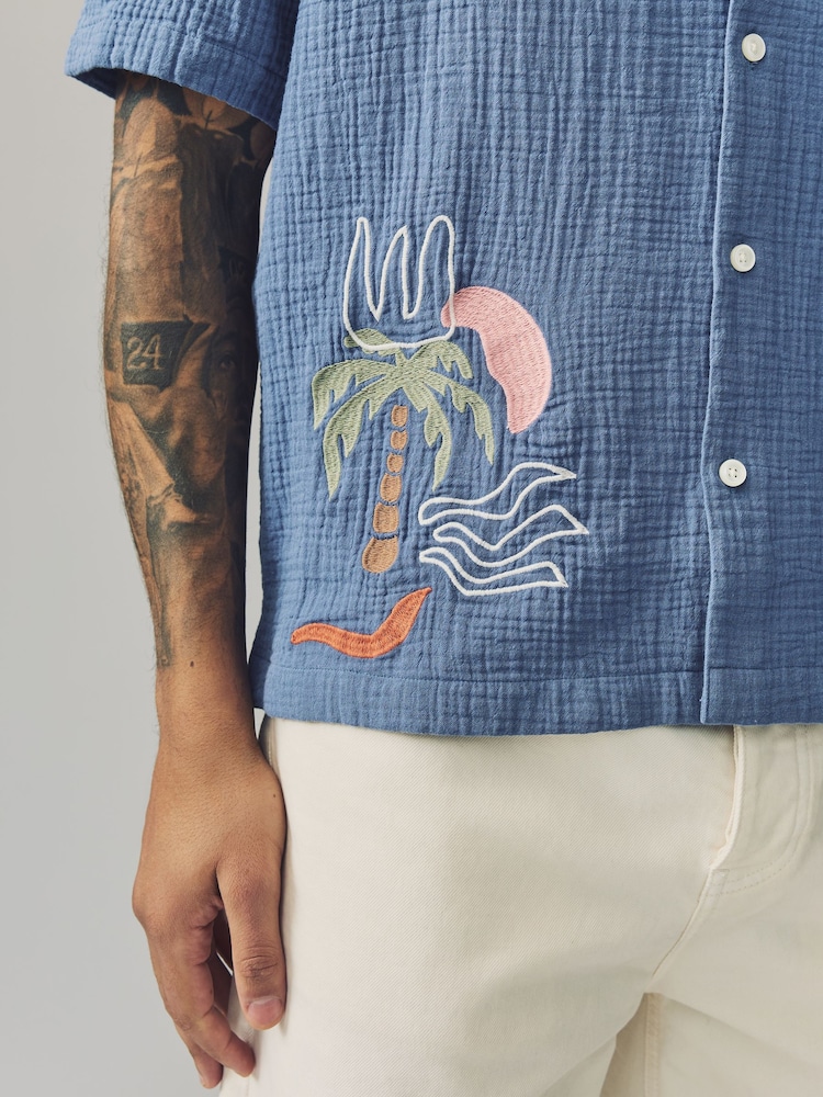 Blue 100% Cotton Cheesecloth Embroidered Short Sleeve Shirt - Image 6 of 9