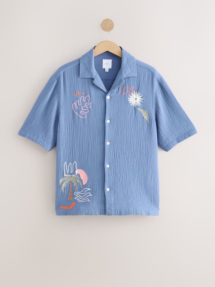 Blue 100% Cotton Cheesecloth Embroidered Short Sleeve Shirt - Image 7 of 9