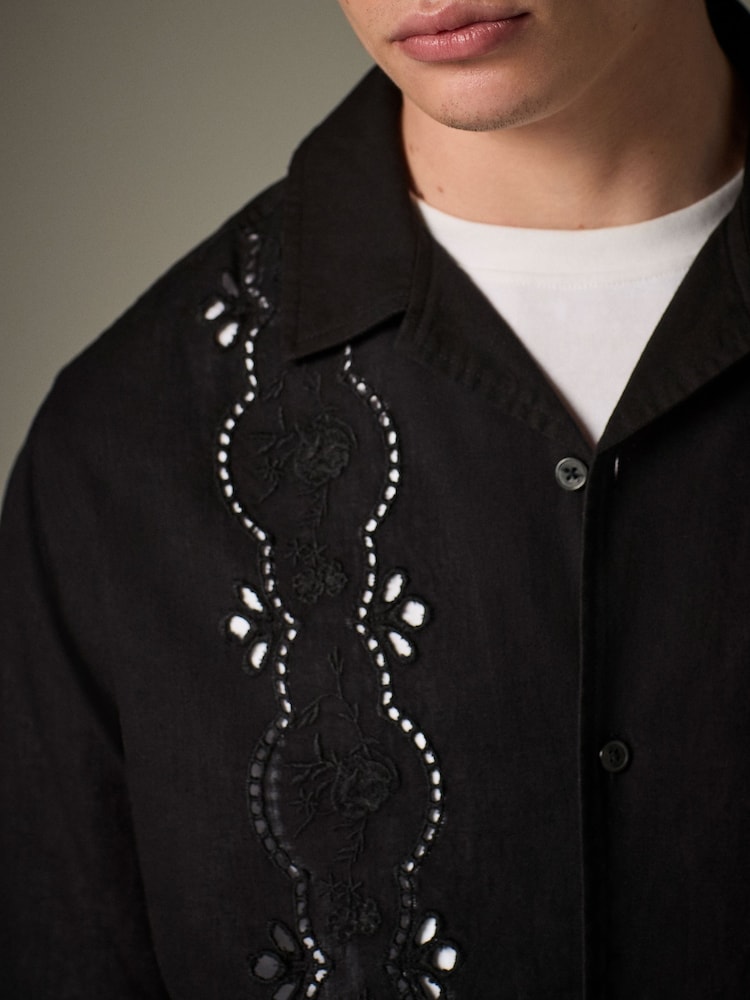 Black 100% Cotton Textured Broderie Short Sleeve Shirt - Image 1 of 8