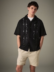Black 100% Cotton Textured Broderie Short Sleeve Shirt - Image 5 of 8