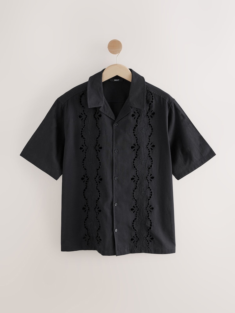 Black 100% Cotton Textured Broderie Short Sleeve Shirt - Image 6 of 8