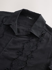 Black 100% Cotton Textured Broderie Short Sleeve Shirt - Image 7 of 8