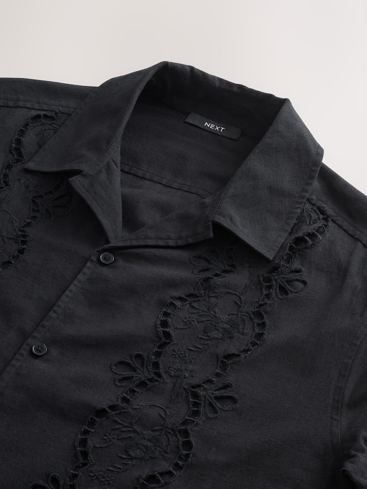 Black 100% Cotton Textured Broderie Short Sleeve Shirt - Image 7 of 8