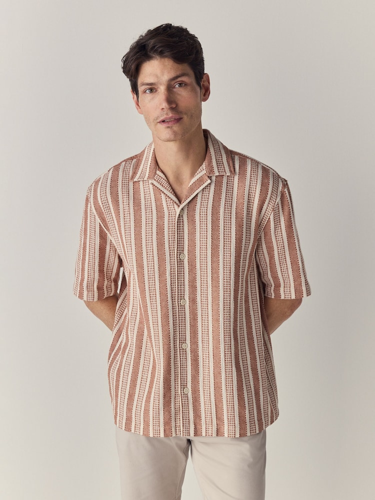 Red 100% Cotton  Textured Stripe Short Sleeve Shirt - Image 1 of 7