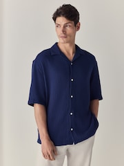 Navy Blue 100% Cotton Relaxed Fit Short Sleeve Cheesecloth Shirt - Image 1 of 7