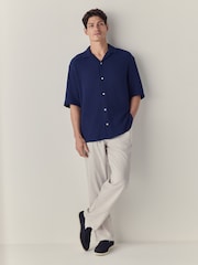 Navy Blue 100% Cotton Relaxed Fit Short Sleeve Cheesecloth Shirt - Image 2 of 7