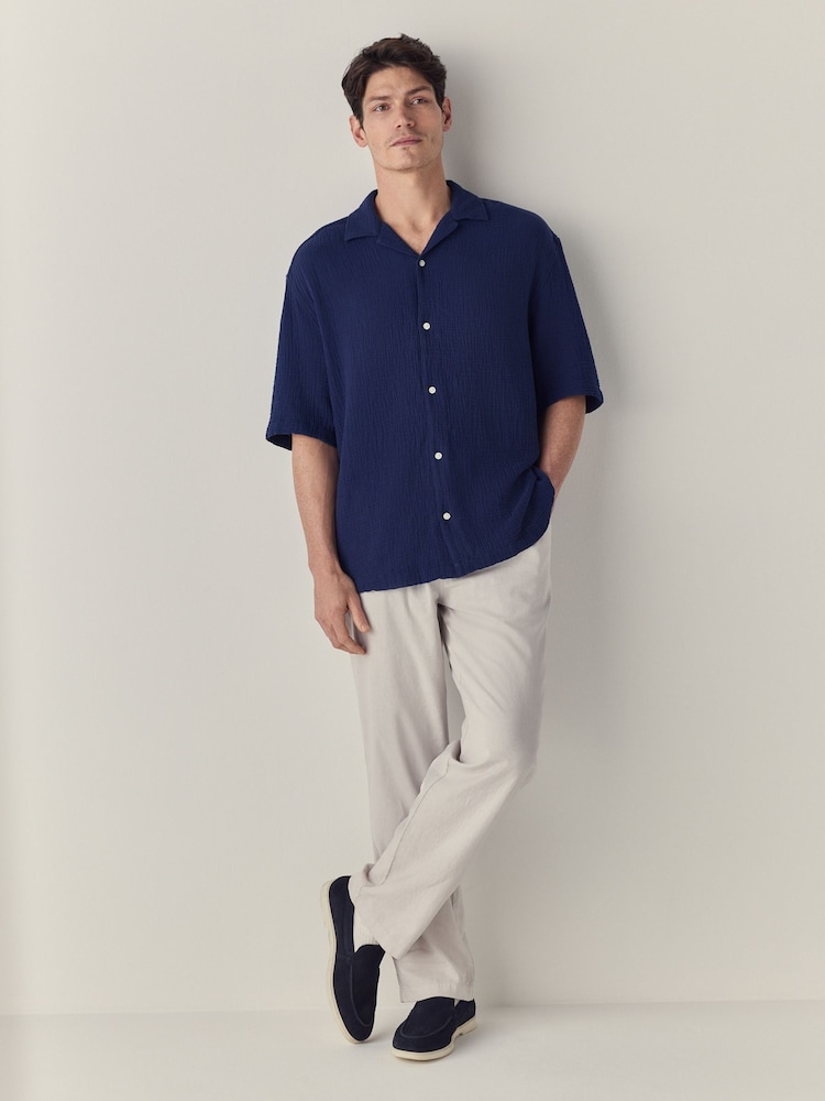 Navy Blue 100% Cotton Relaxed Fit Short Sleeve Cheesecloth Shirt - Image 2 of 7