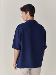 Navy Blue 100% Cotton Relaxed Fit Short Sleeve Cheesecloth Shirt - Image 3 of 7