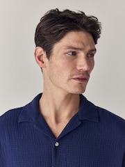 Navy Blue 100% Cotton Relaxed Fit Short Sleeve Cheesecloth Shirt - Image 4 of 7