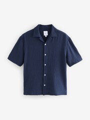 Navy Blue 100% Cotton Relaxed Fit Short Sleeve Cheesecloth Shirt - Image 5 of 7