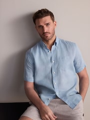 Azul claro - Camisa de manga curta Signature 100% em linho - Imagem 1 de 7