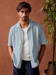 Blue 100% Cotton Textured Broderie Short Sleeve Shirt - Image 1 of 8