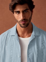 Blue 100% Cotton Textured Broderie Short Sleeve Shirt - Image 4 of 8