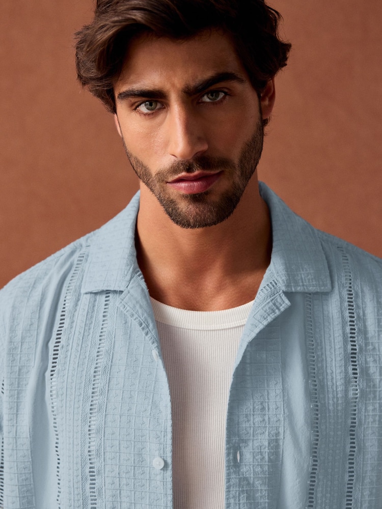 Blue 100% Cotton Textured Broderie Short Sleeve Shirt - Image 4 of 8