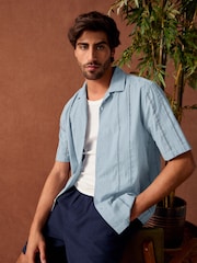 Blue 100% Cotton Textured Broderie Short Sleeve Shirt - Image 5 of 8