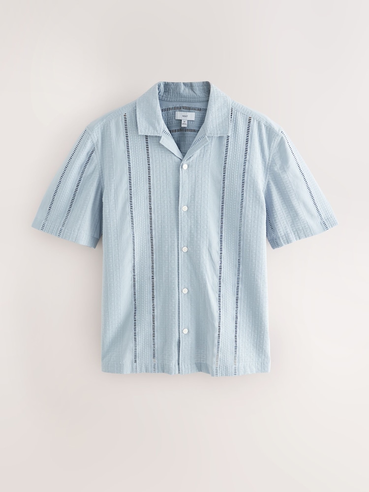 Blue 100% Cotton Textured Broderie Short Sleeve Shirt - Image 6 of 8