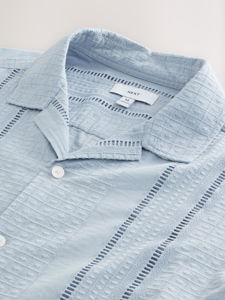 Blue 100% Cotton Textured Broderie Short Sleeve Shirt - Image 7 of 8