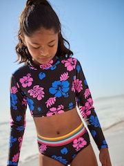 Black Tropical Print Long Sleeved Bikini (3-16yrs) - Image 1 of 4
