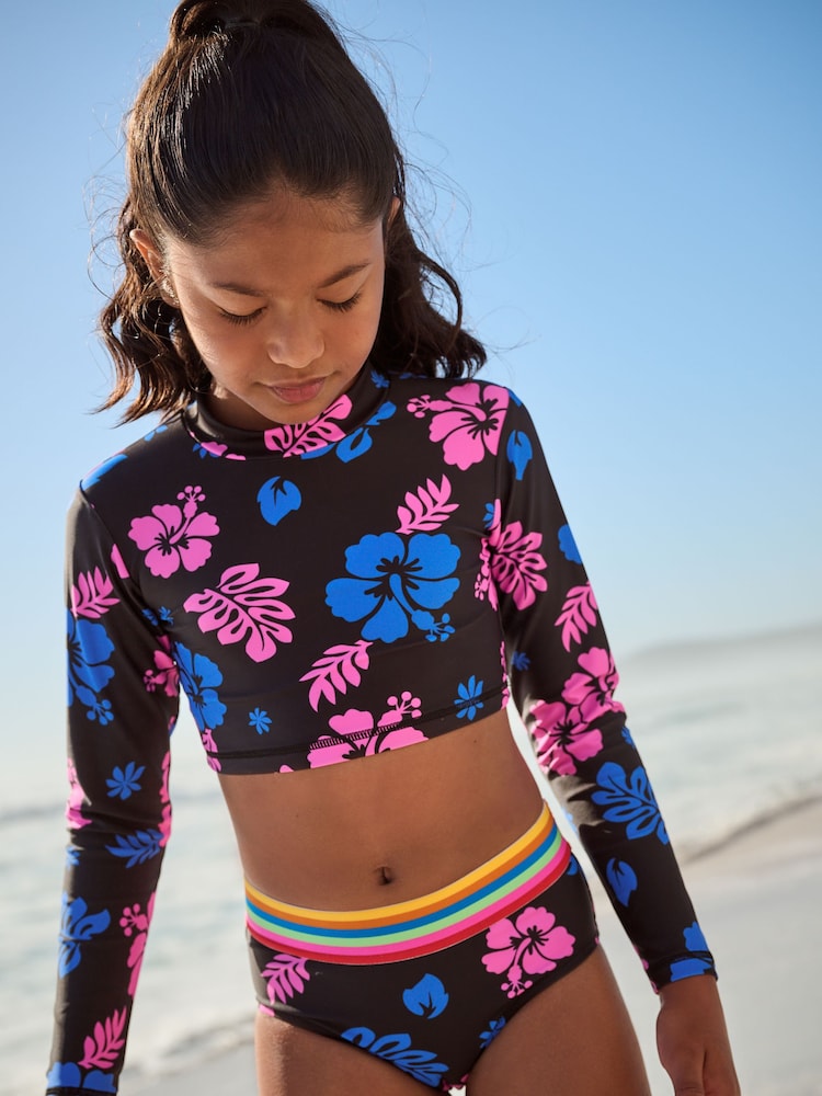 Black Tropical Print Long Sleeved Bikini (3-16yrs) - Image 1 of 4