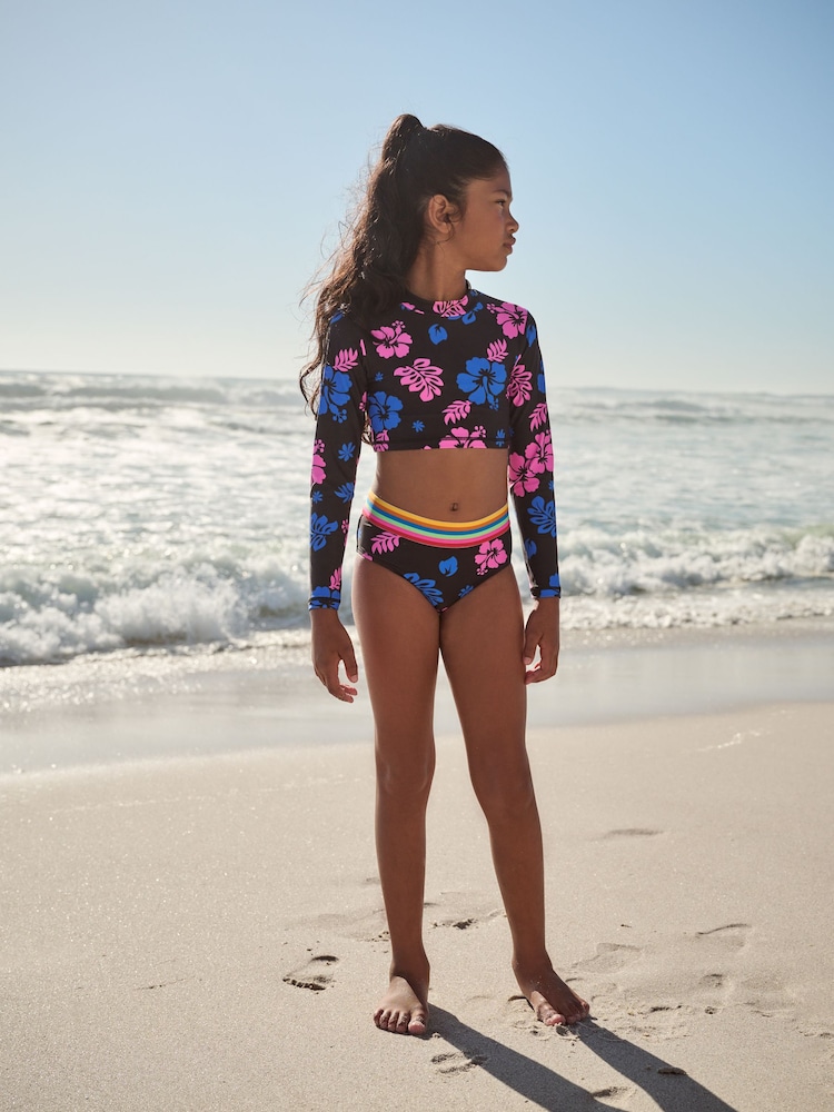 Black Tropical Print Long Sleeved Bikini (3-16yrs) - Image 2 of 4