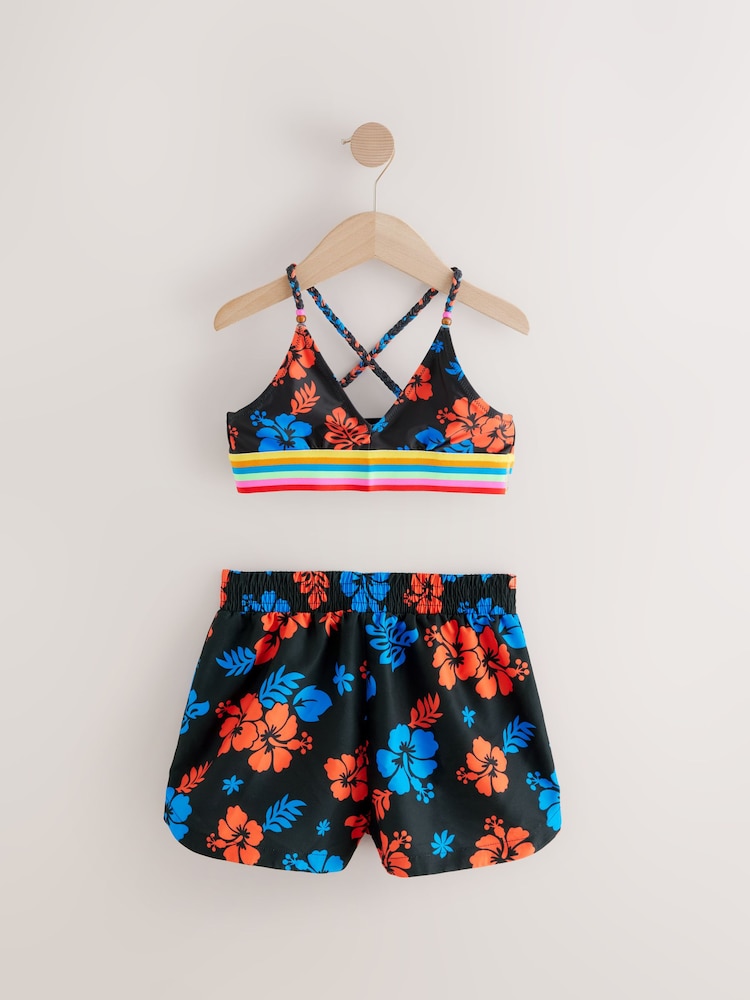 Black Tropical Bikini and Beach Shorts Set (8-16yrs) - Image 10 of 13