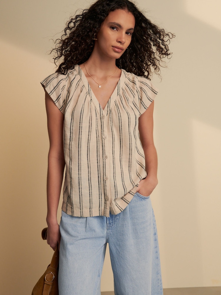 A rayas en tono piedra y negro - Blusa abotonada con tejido de lino mangas con volantes - Imagen 1 de 7 A rayas en tono piedra y negro - Blusa abotonada con tejido de lino mangas con volantes - Imagen 1 de 7