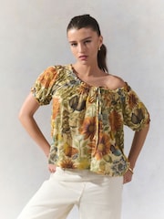Yellow/White Floral - Short Sleeve Ruched Neck Jersey 100% Cotton Blouse - Imagen 1 de 7