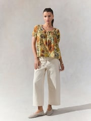 Yellow/White Floral - Short Sleeve Ruched Neck Jersey 100% Cotton Blouse - Imagen 2 de 7